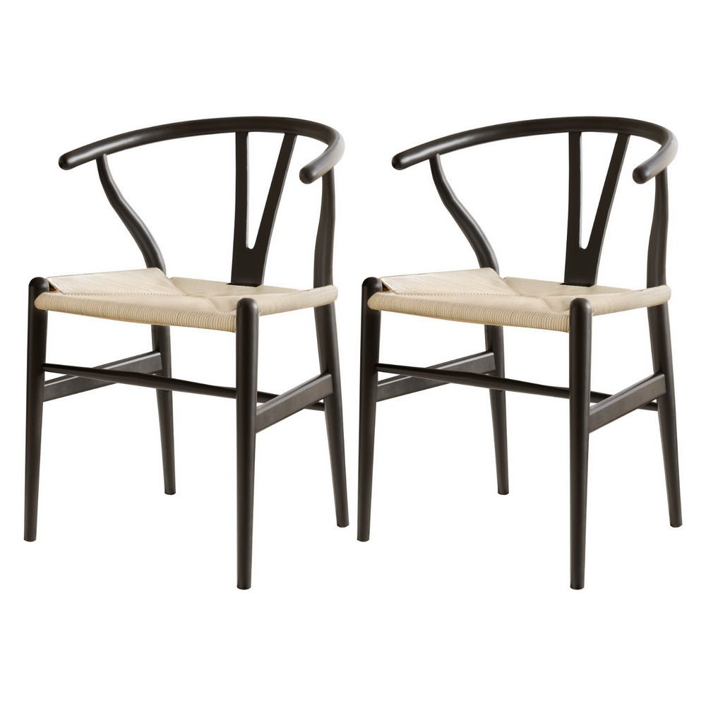 1 Set of 2 Artiss Dining Chairs Wooden Rattan Wishbone Black - OZ Home Deals