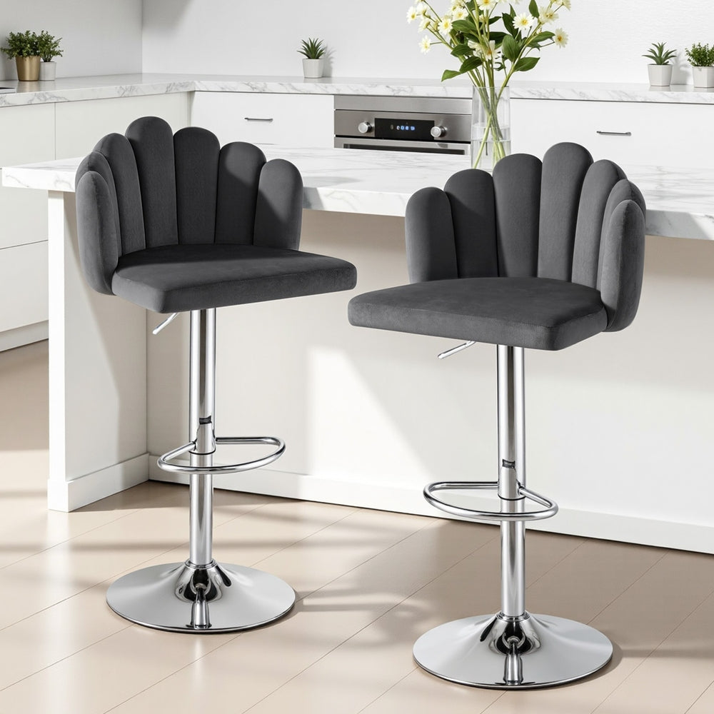 2x Hobart Adjustable Velvet Bar Stools – Grey/Silver