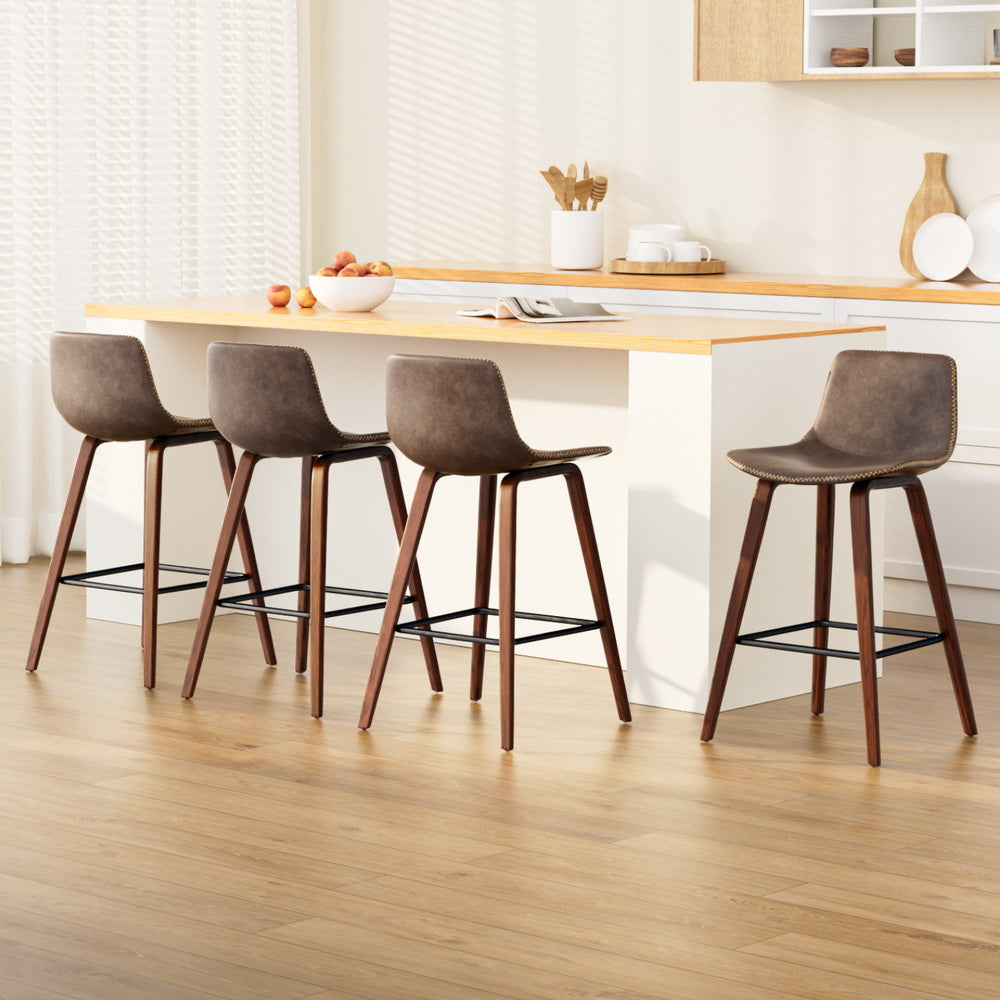 Bentwood Walnut PU Leather Bar Stools – Set of 4