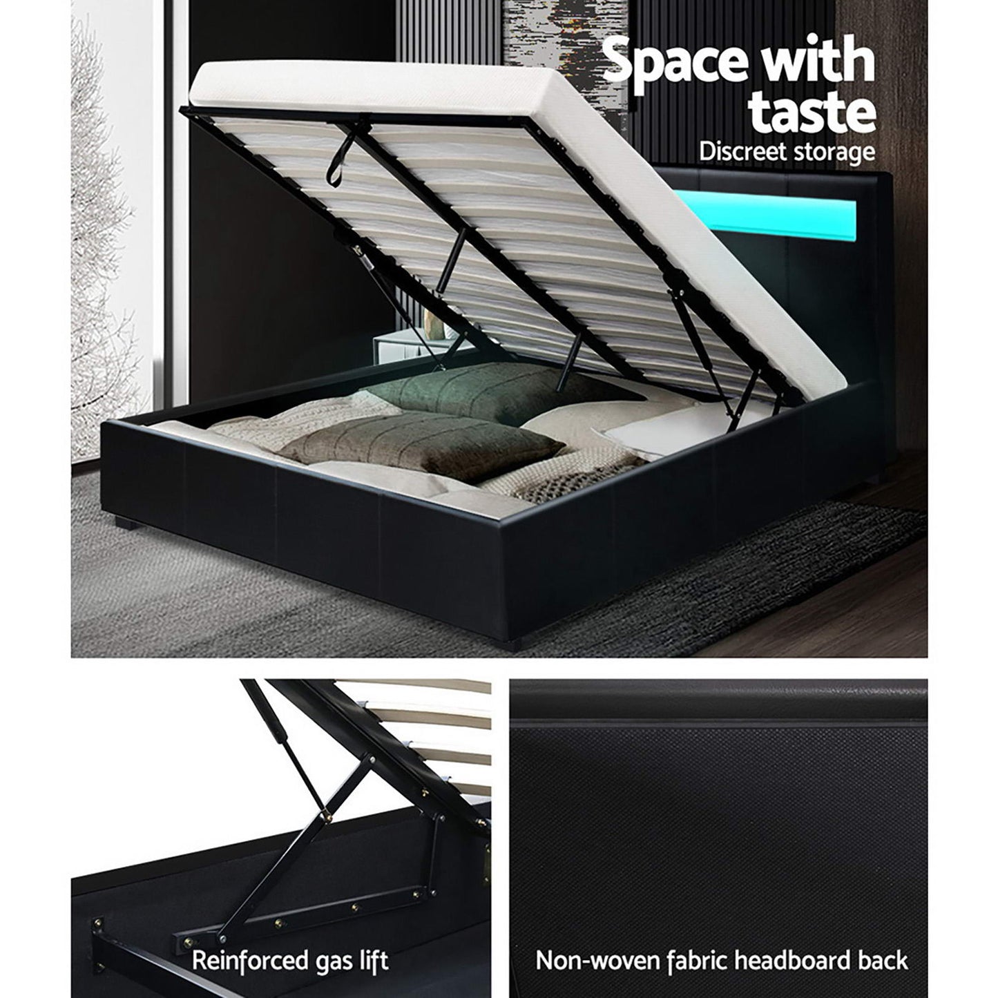 Starlight Double LED Gas Lift Bed Frame – Black PVC