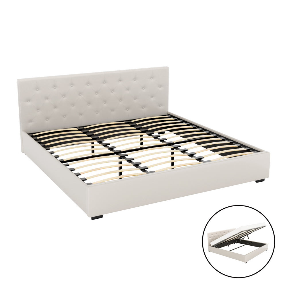Valley King Gas Lift Bed Frame – Beige Linen