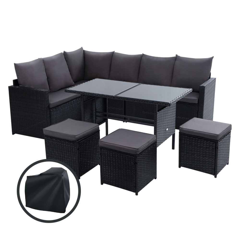 9-Seater Wicker Outdoor Sofa Dining Set - Black
