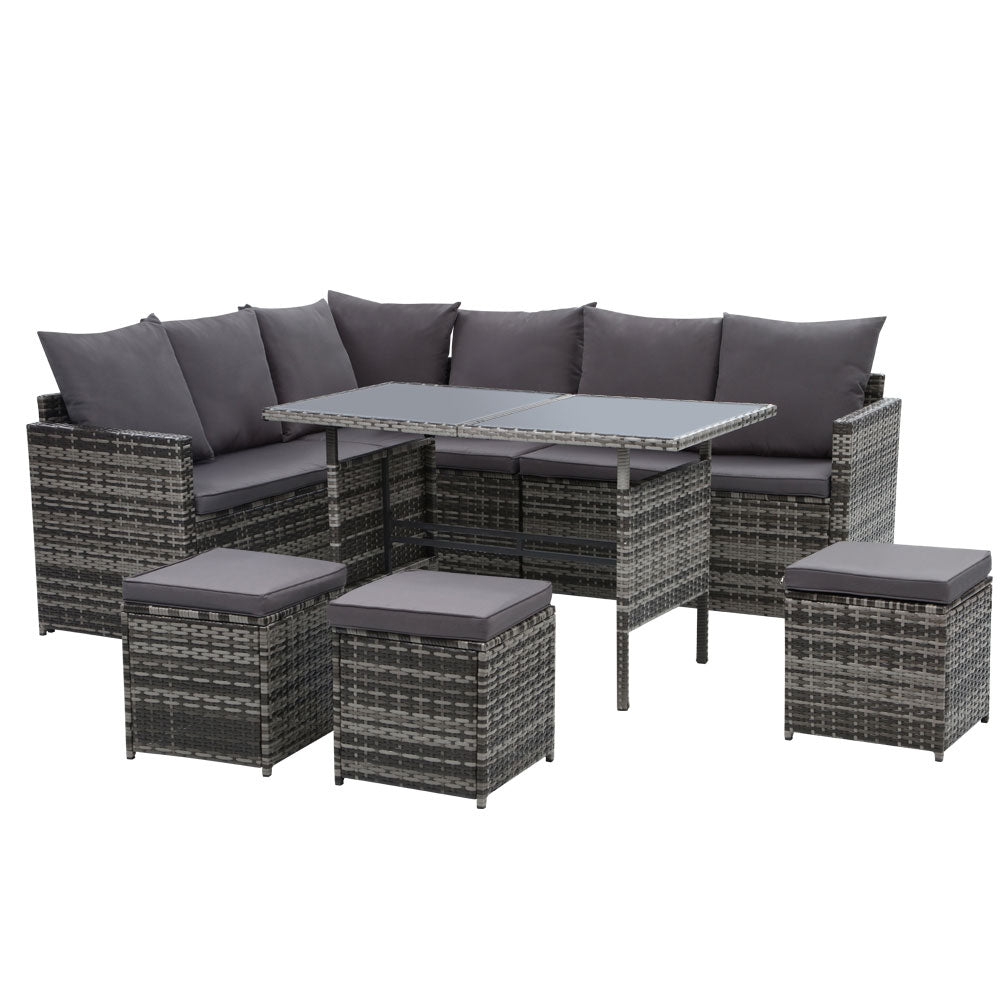 9-Seater Wicker Outdoor Sofa Dining Set - Grey