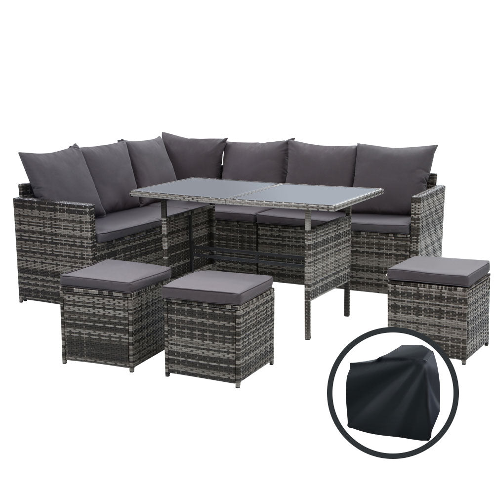 9-Seater Wicker Outdoor Sofa Dining Set - Grey