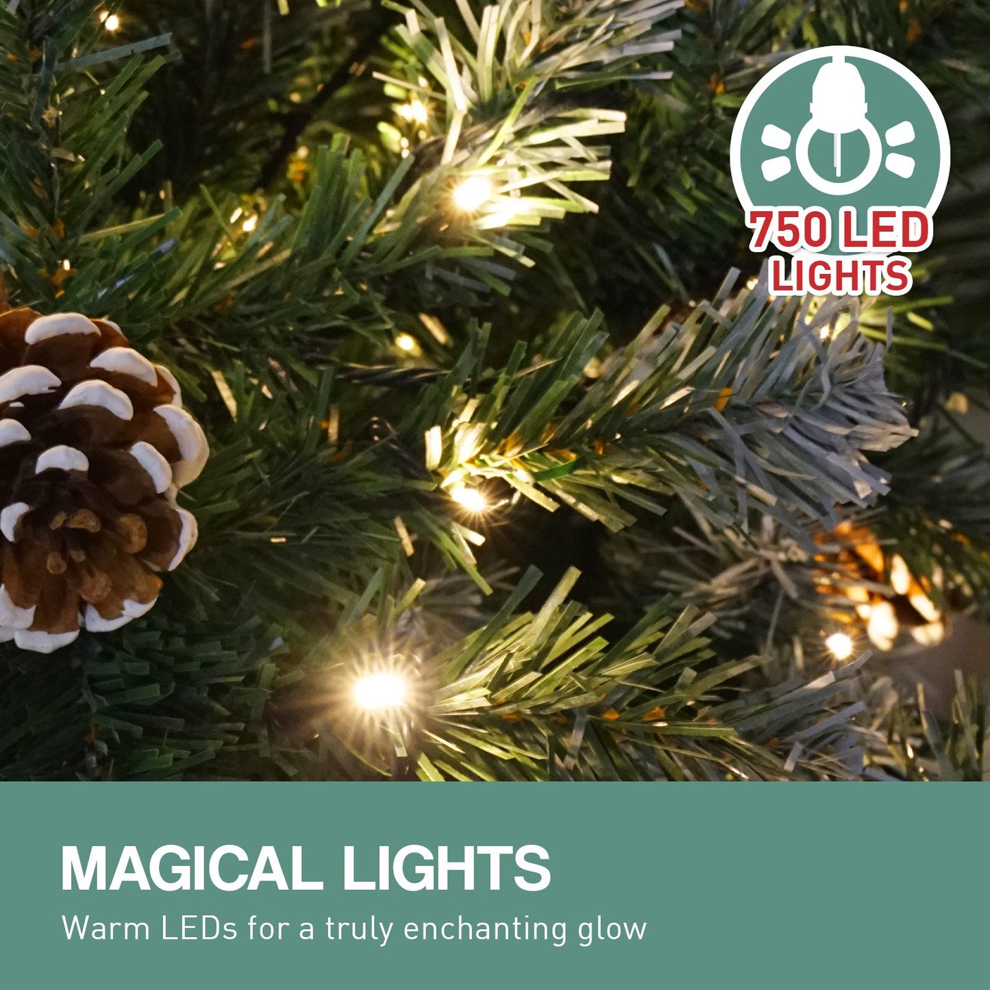 2.7m Pre Lit LED Christmas Tree with Pine Cones - 2030 Tips