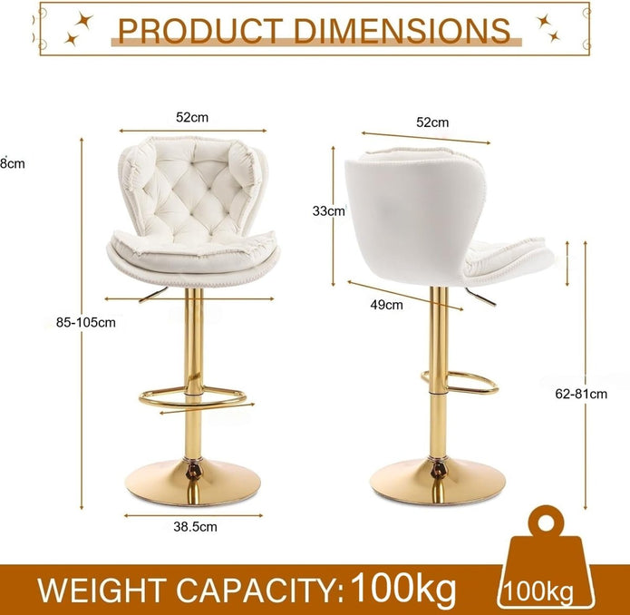 2x Bhaktapur Velvet Bar Stools – Adjustable Height & 360° Swivel, Ivory/Gold