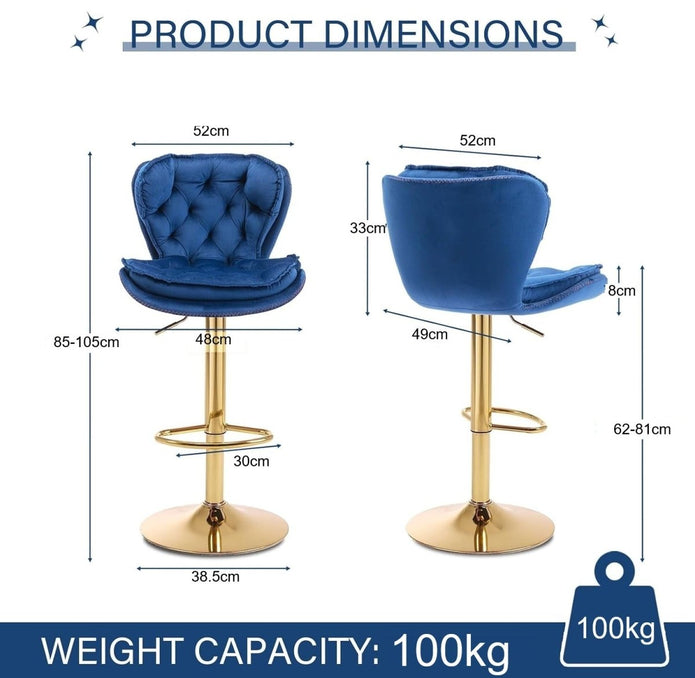 2x Sydney Velvet Bar Stools – Adjustable Height & 360° Swivel, Navy Blue/Gold