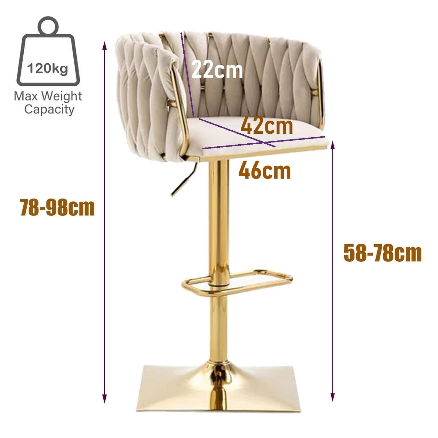 Ivory Velvet Swivel Bar Stools – Adjustable Height, Gold Base, 2-Pack