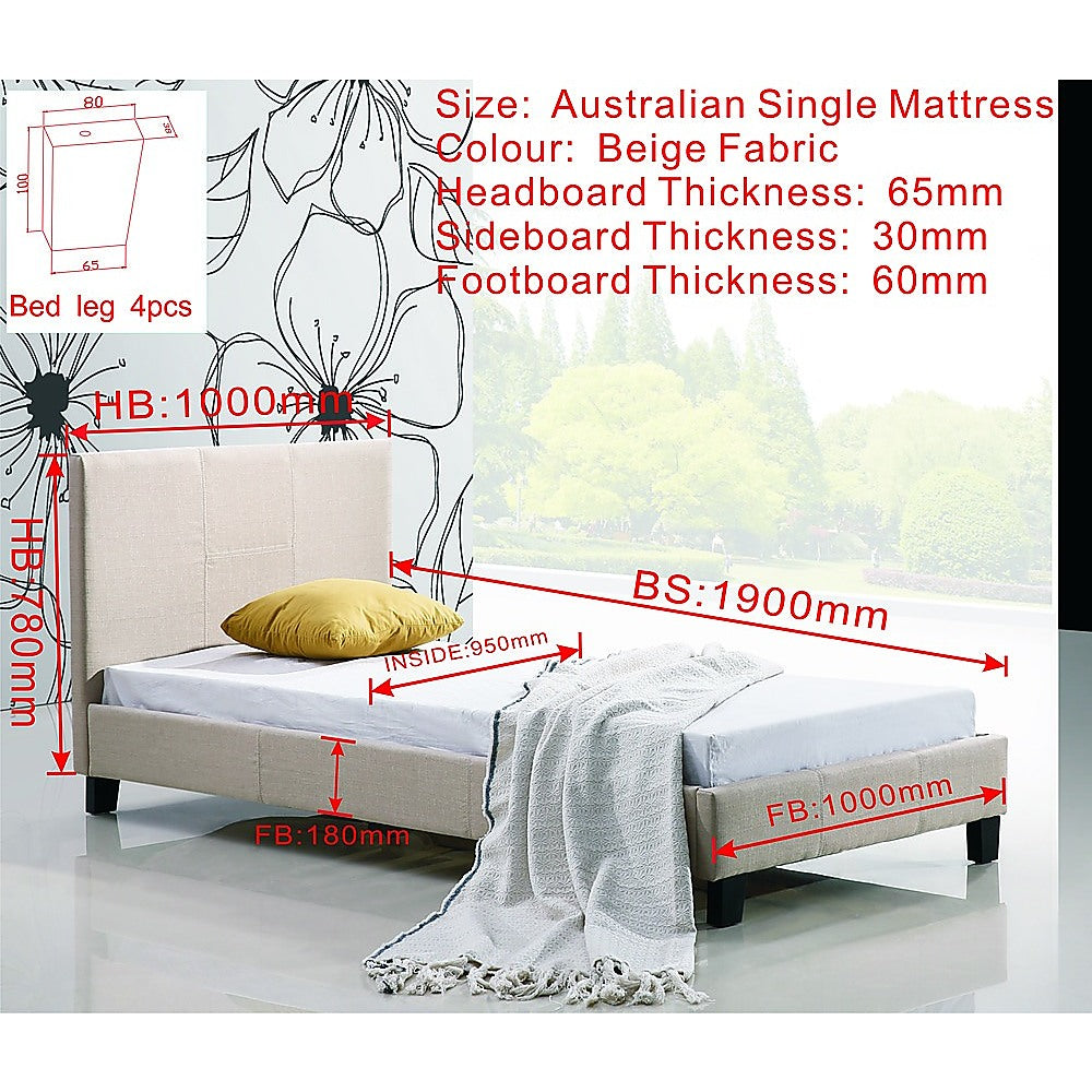 Coogee Single Linen Fabric Bed Frame – Beige
