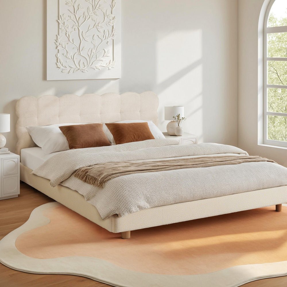 Artiss Queen Bed Frame Cloud Headboard Boucle Fabric Mattress Platform Base White - OZ Home Deals