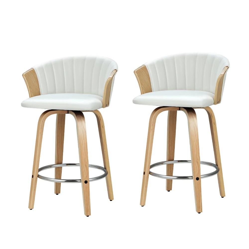 Coogee 2-Piece Bentwood Bar Stools – White PU Leather, 66cm - OZ Home Deals