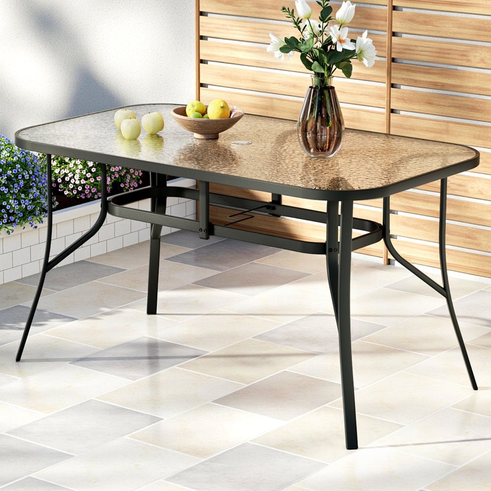 Gardeon 140CM Outdoor Dining Table Steel Frame Tempered Glass Parasol Hole Black - OZ Home Deals