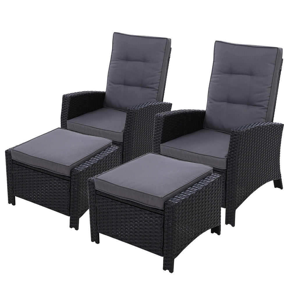 Gardeon 2PC Recliner Chairs Sun lounge Wicker Lounger Outdoor Furniture Adjustable Black - OZ Home Deals