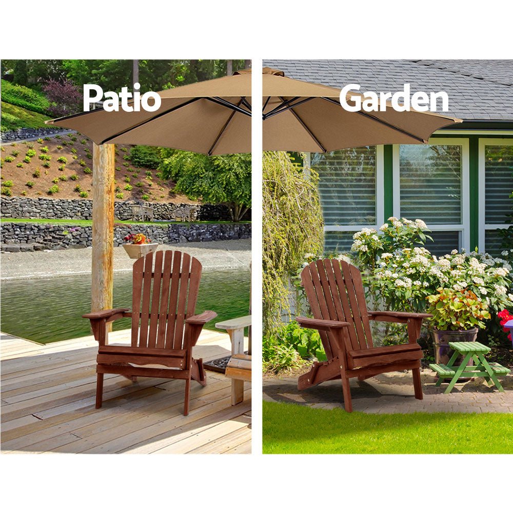 Gardeon 3PC Adirondack Outdoor Table and Chairs Wooden Foldable Beach Chair Brown - OZ Home Deals