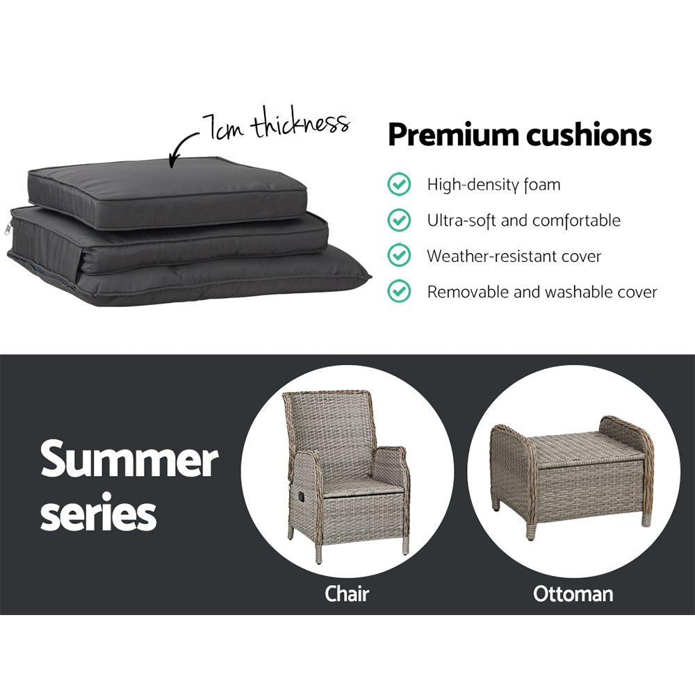 Gardeon 5PC Recliner Chairs Table Sun lounge Wicker Outdoor Furniture Adjustable Grey - OZ Home Deals