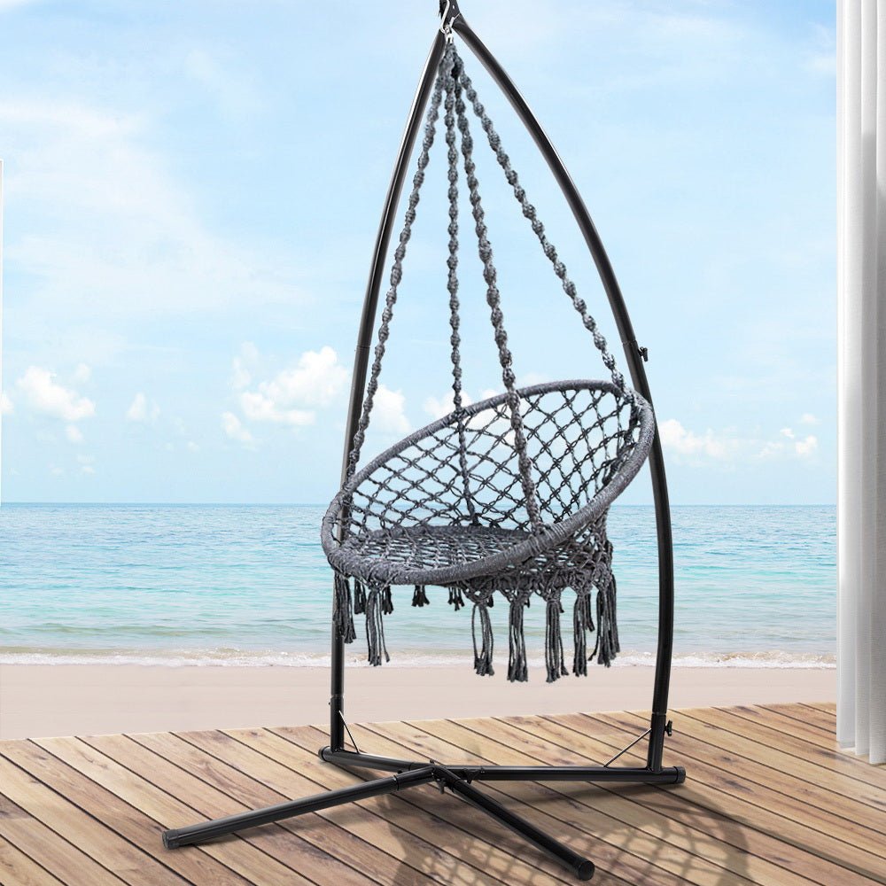 Gardeon Hammock Chair with Steel Stand Macrame Outdoor Swinging Grey - OZ Home Deals