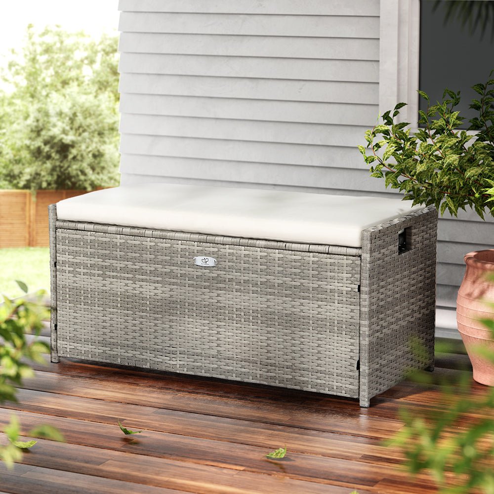 Gardeon Outdoor Storage Bench Box Wicker Garden Sheds Tools Cushion Patio Furniture Grey - OZ Home Deals