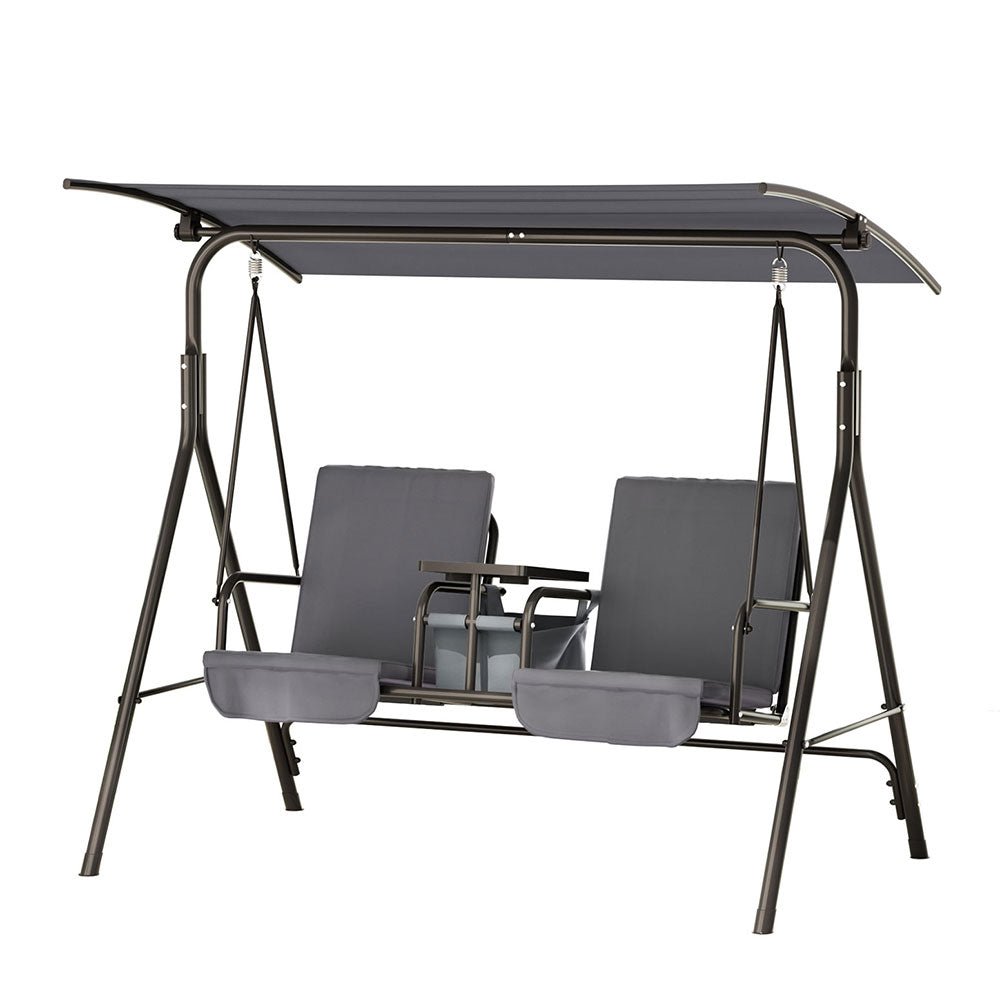 Gardeon Outdoor Swing Chair Garden Chair Canopy Cup Holder 2 Seater Grey - OZ Home Deals