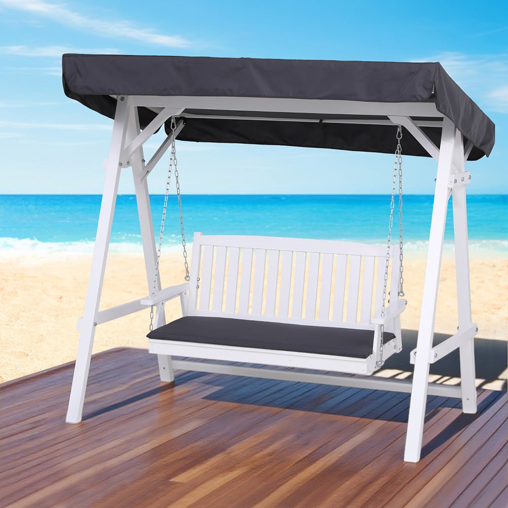 Gardeon Outdoor Wooden Swing Chair Garden Bench Canopy Cushion 3 Seater White - OZ Home Deals