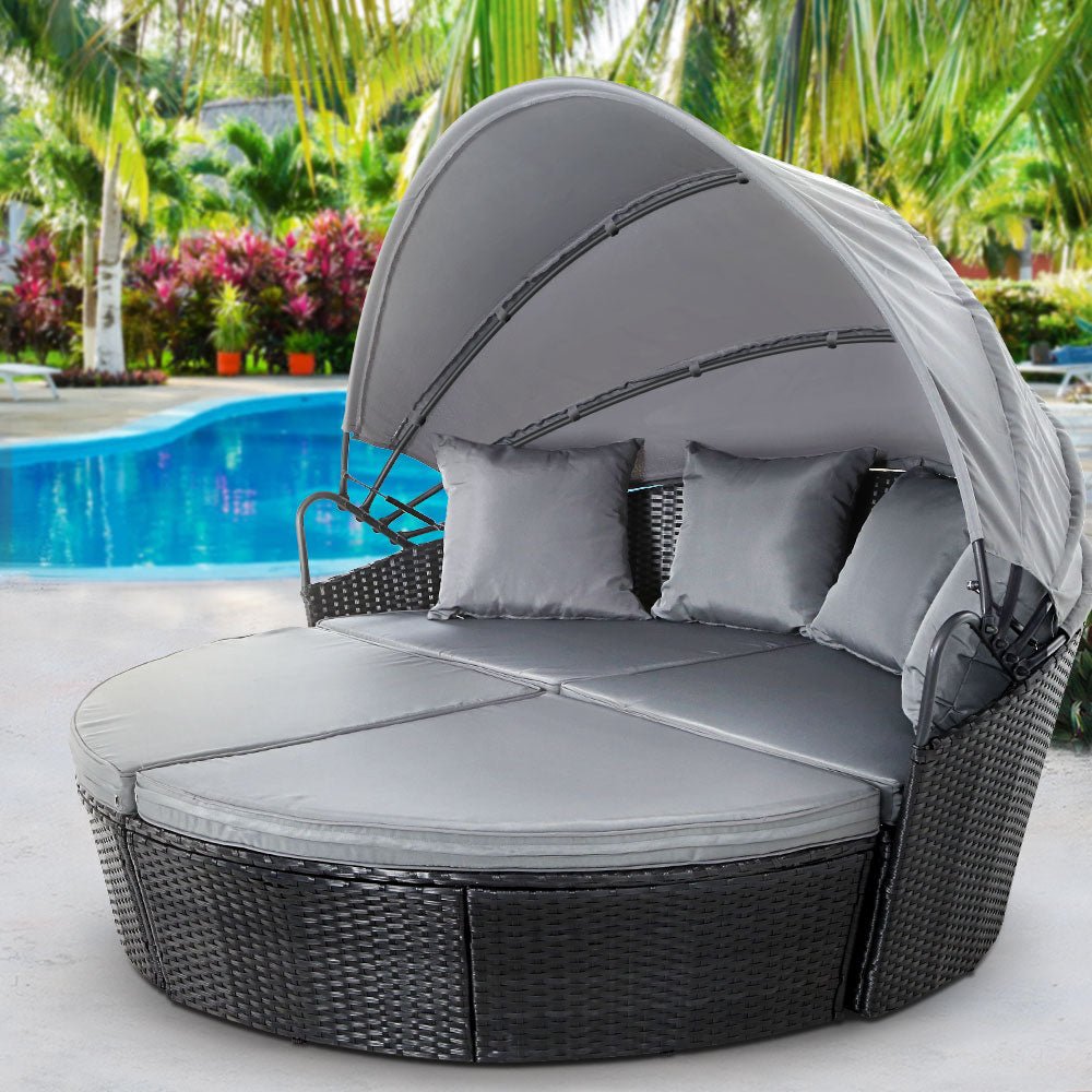 Gardeon Sun Lounge Setting Wicker Lounger Day Bed Outdoor Furniture Patio Black - OZ Home Deals