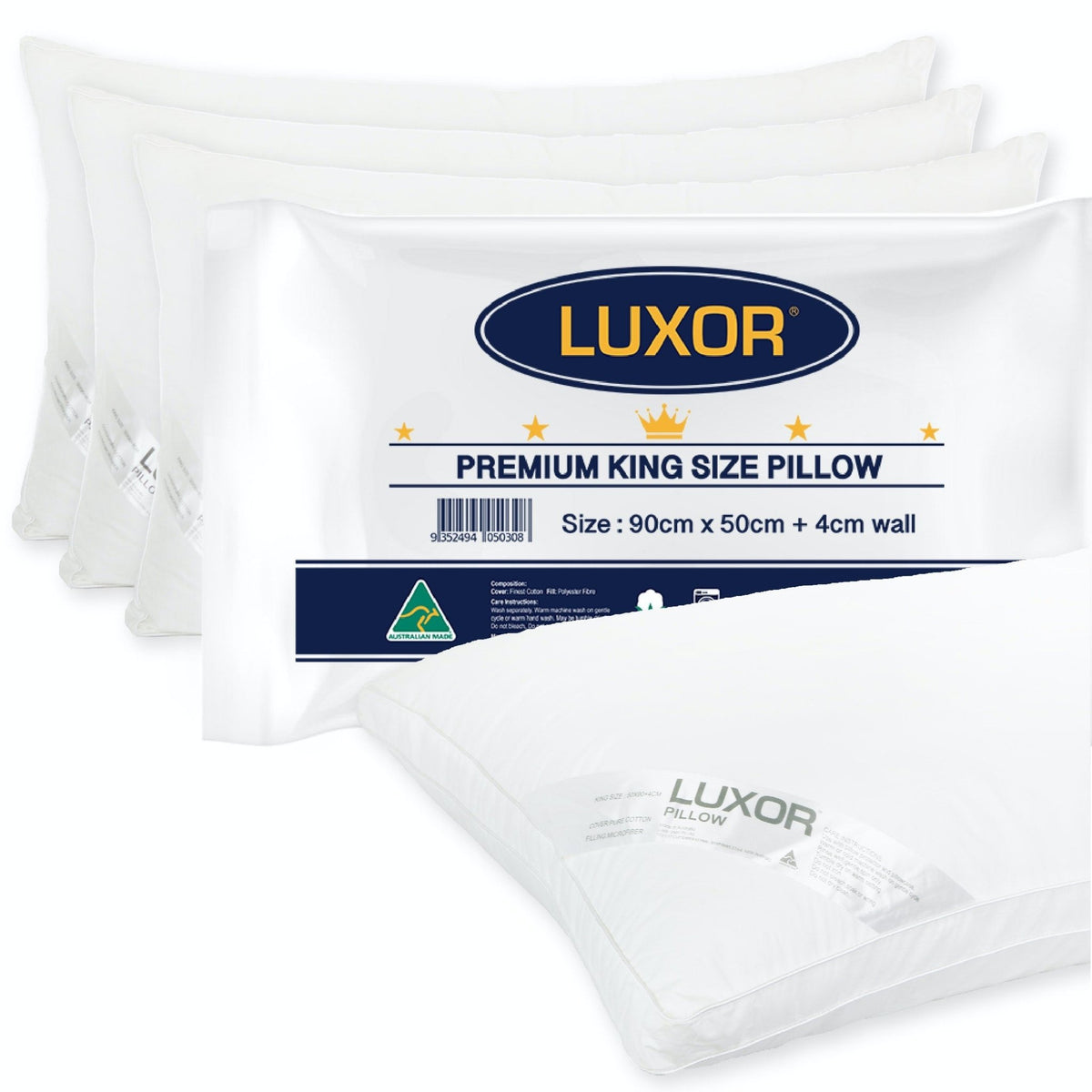 Luxor Australian Made Hotel King Size Pillow with 4cm Wall Four Pack - OZ Home Deals