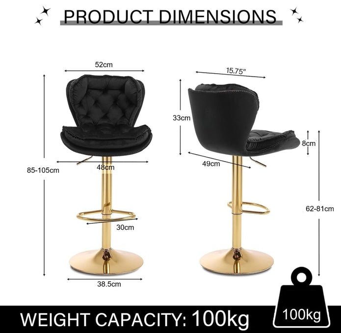 Patan Velvet Bar Stools – Adjustable Height & 360° Swivel, Black/Gold - OZ Home Deals