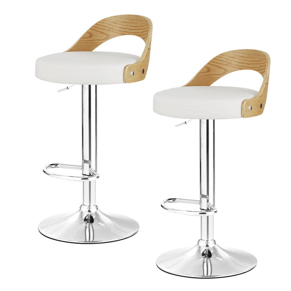 Uluru Adjustable PU Leather Bar Stools – White Bentwood, 2 Pack - OZ Home Deals