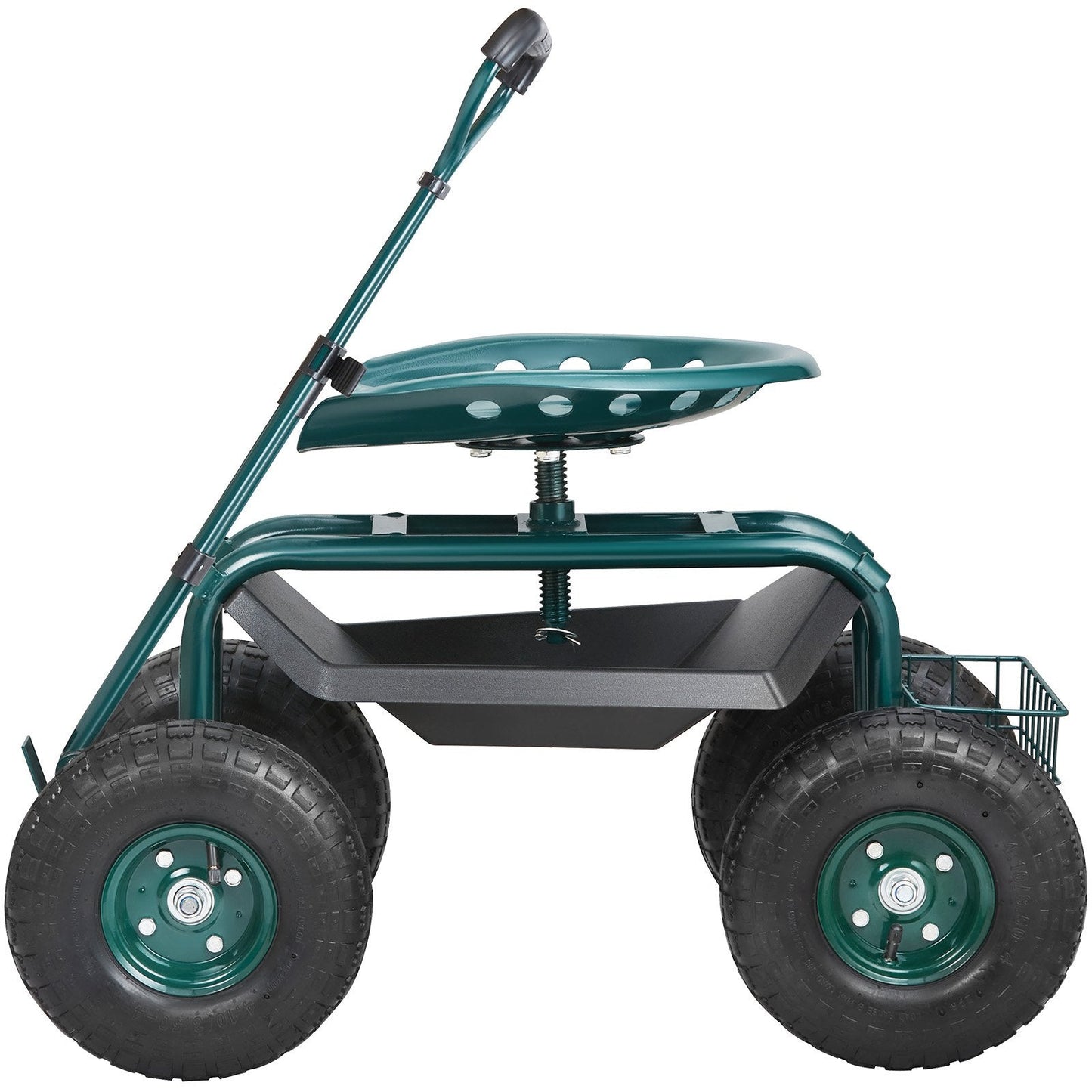 Green rolling garden seat with swivel stool, steering handle and tool tray