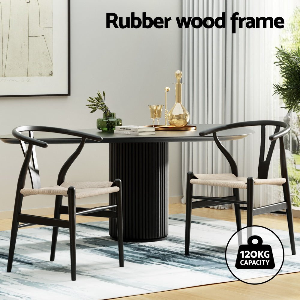 1 Set of 2 Artiss Dining Chairs Wooden Rattan Wishbone Black - OZ Home Deals