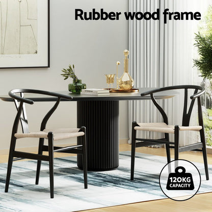 1 Set of 2 Artiss Dining Chairs Wooden Rattan Wishbone Black - OZ Home Deals