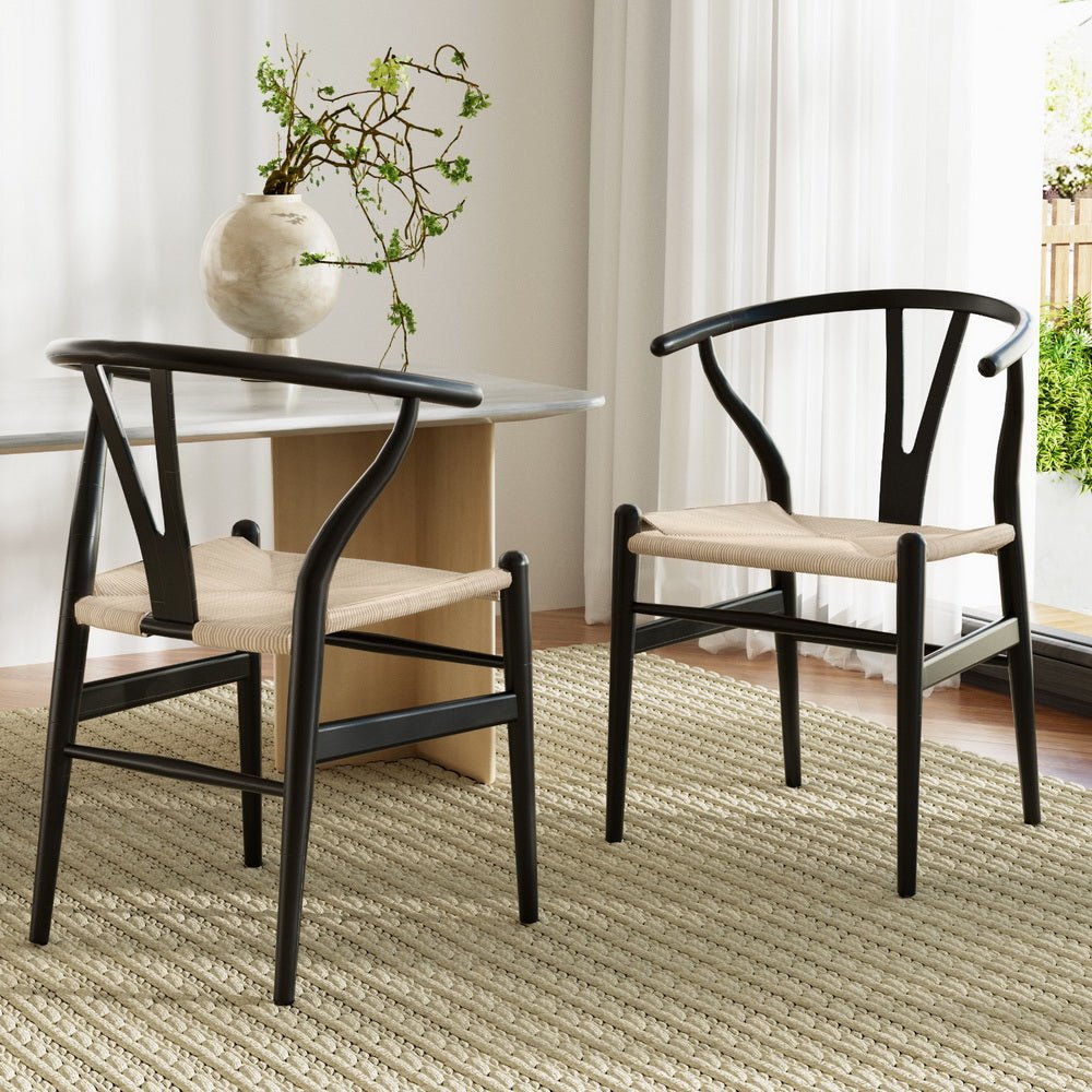 1 Set of 2 Artiss Dining Chairs Wooden Rattan Wishbone Black - OZ Home Deals