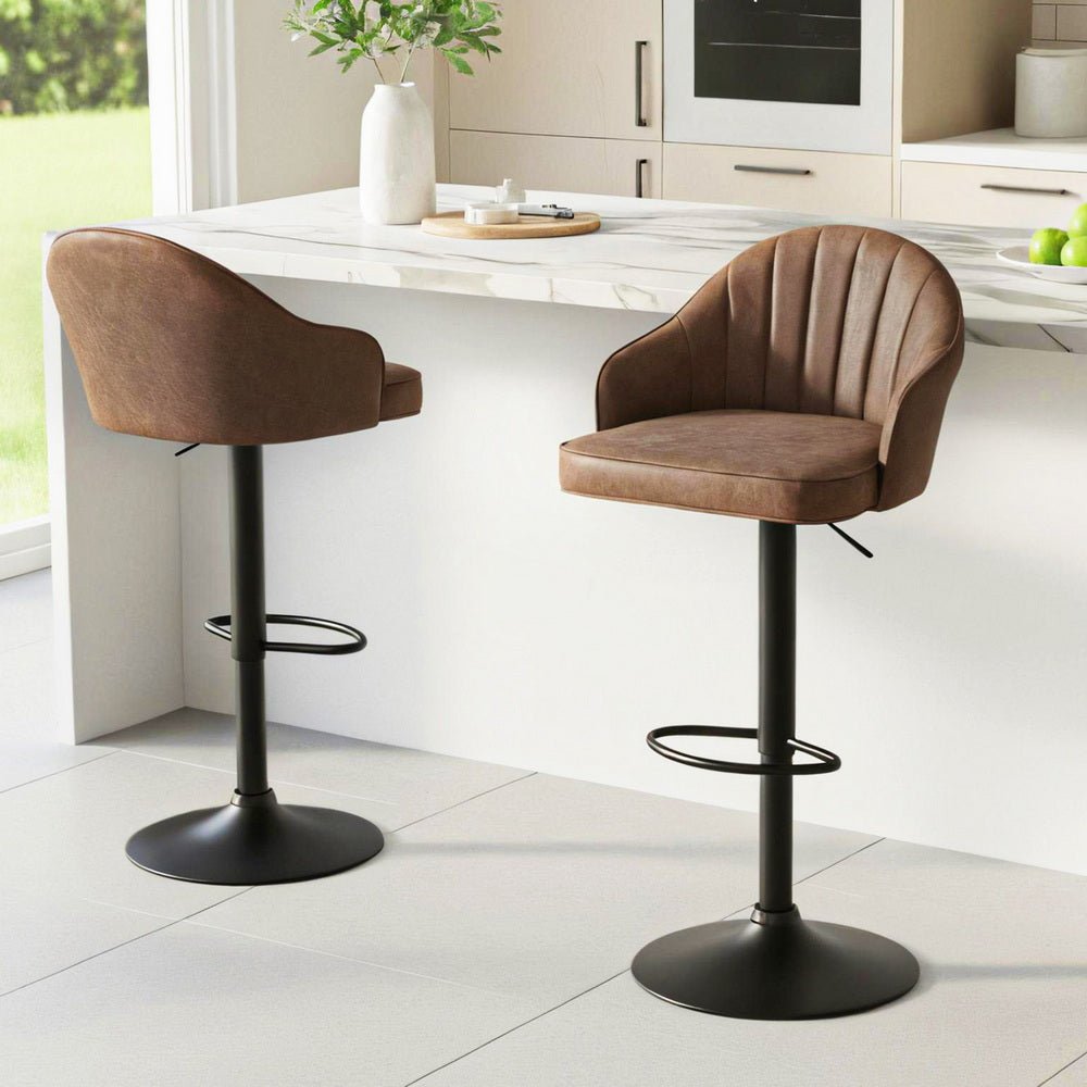 2x Brisbane PU Leather Bar Stools – Ergonomic Shell Design, Brown/Black - OZ Home Deals