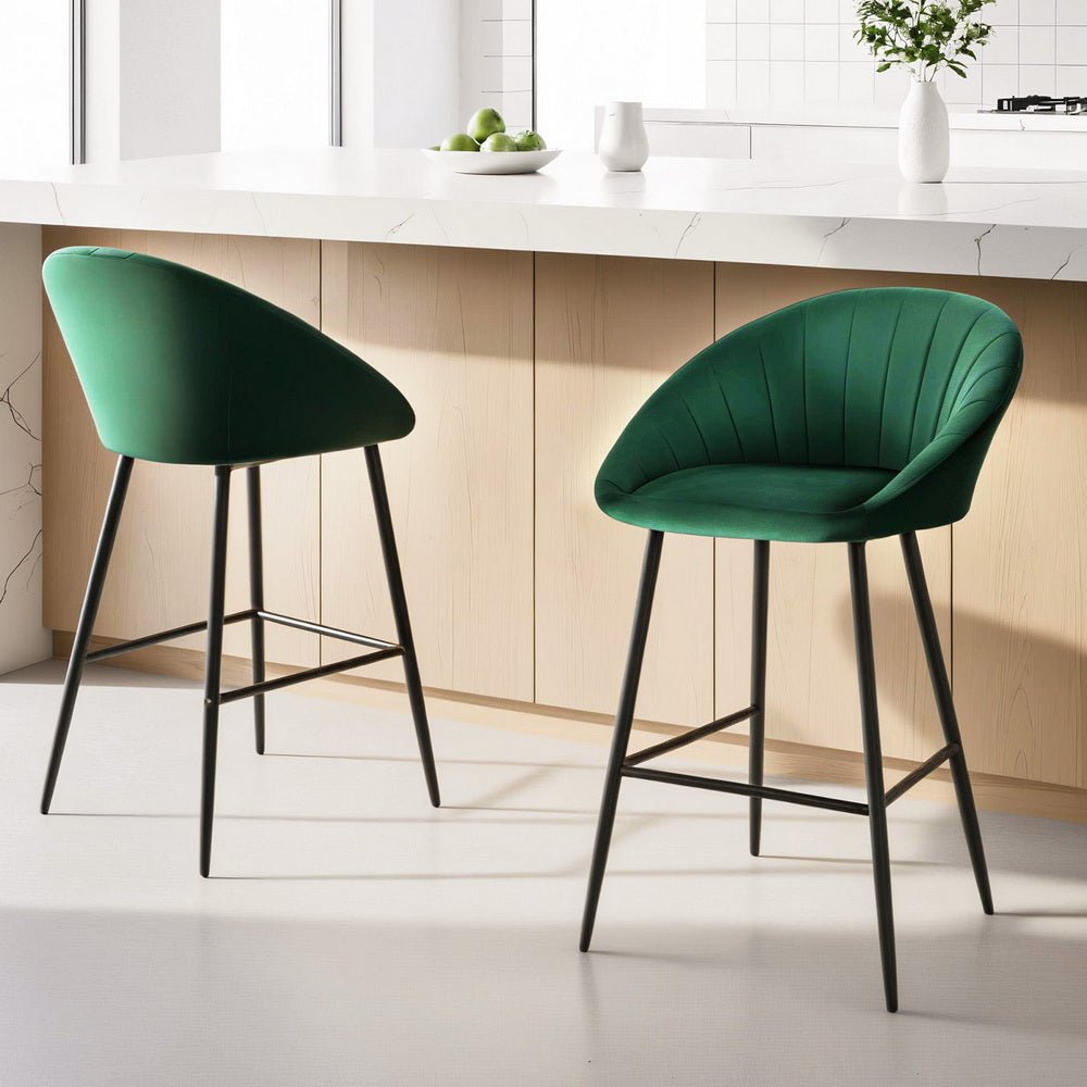 2x Brisbane Velvet Bar Stools – Ergonomic Tub - Style, Green/Black - OZ Home Deals