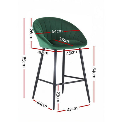2x Brisbane Velvet Bar Stools – Ergonomic Tub - Style, Green/Black - OZ Home Deals