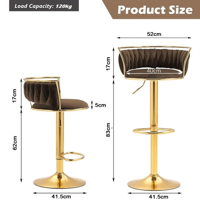 2x Canberra Adjustable Velvet Bar Stools – Coffee/Gold - OZ Home Deals