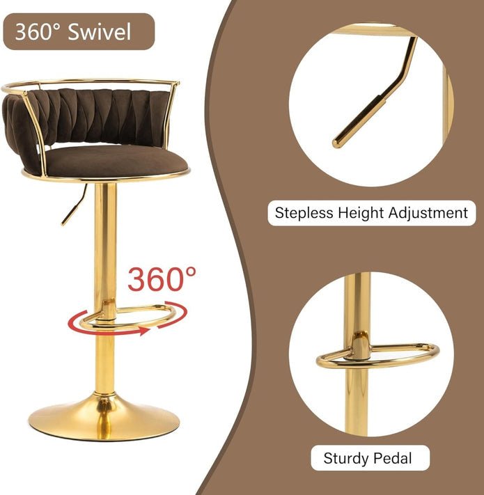 2x Canberra Adjustable Velvet Bar Stools – Coffee/Gold - OZ Home Deals