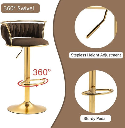 2x Canberra Adjustable Velvet Bar Stools – Coffee/Gold - OZ Home Deals