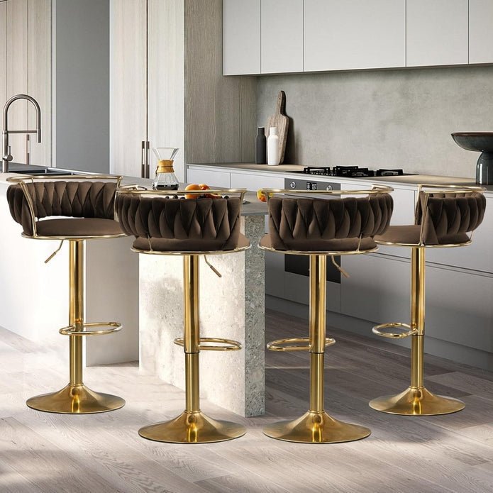 2x Canberra Adjustable Velvet Bar Stools – Coffee/Gold - OZ Home Deals