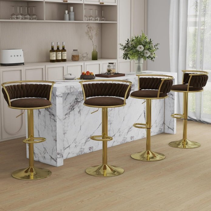 2x Canberra Adjustable Velvet Bar Stools – Coffee/Gold - OZ Home Deals