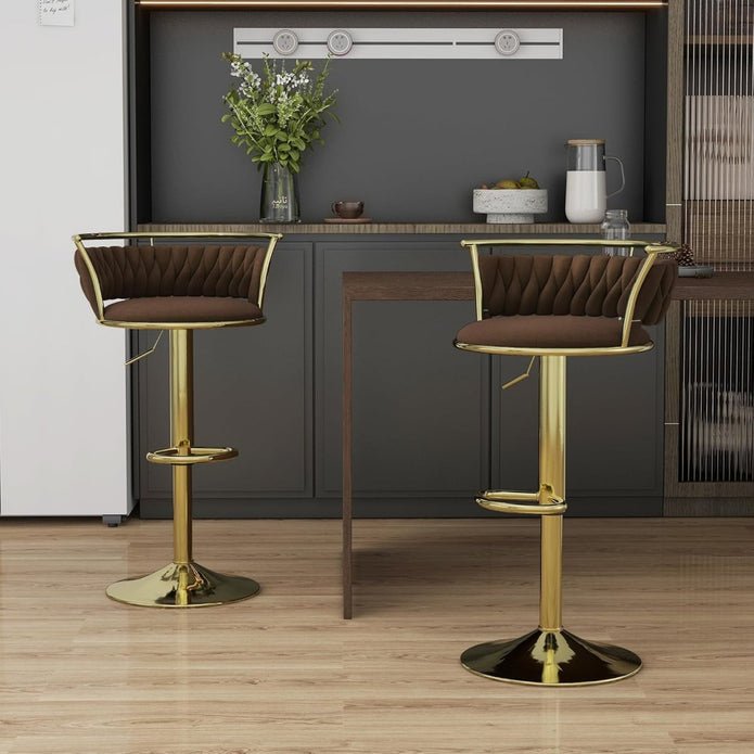 2x Canberra Adjustable Velvet Bar Stools – Coffee/Gold - OZ Home Deals
