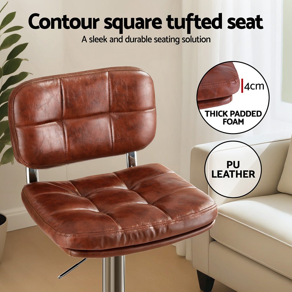 2x Darwin Adjustable Bar Stools – Square Tufted PU Leather, Brown/Silver - OZ Home Deals
