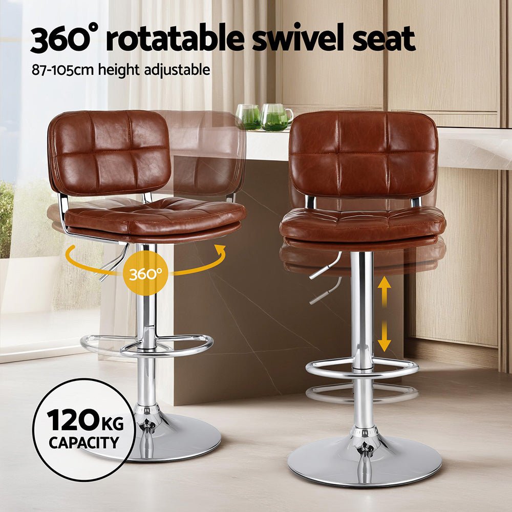 2x Darwin Adjustable Bar Stools – Square Tufted PU Leather, Brown/Silver - OZ Home Deals
