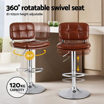 2x Darwin Adjustable Bar Stools – Square Tufted PU Leather, Brown/Silver - OZ Home Deals