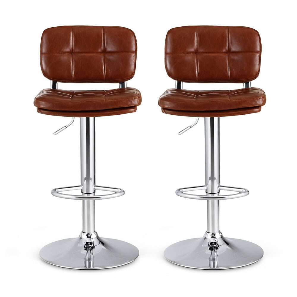 2x Darwin Adjustable Bar Stools – Square Tufted PU Leather, Brown/Silver - OZ Home Deals