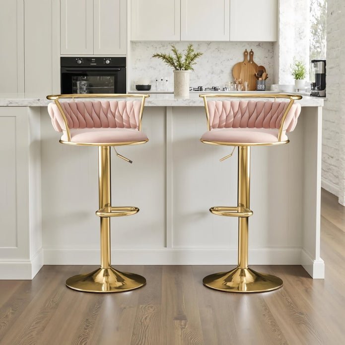 2x Dolpa Velvet Adjustable Bar Stools – Coffee/Gold - OZ Home Deals