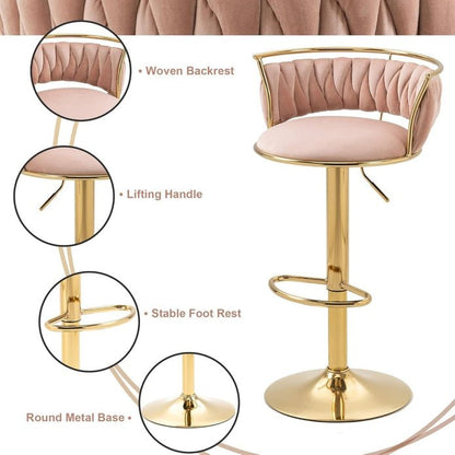 2x Dolpa Velvet Adjustable Bar Stools – Coffee/Gold - OZ Home Deals