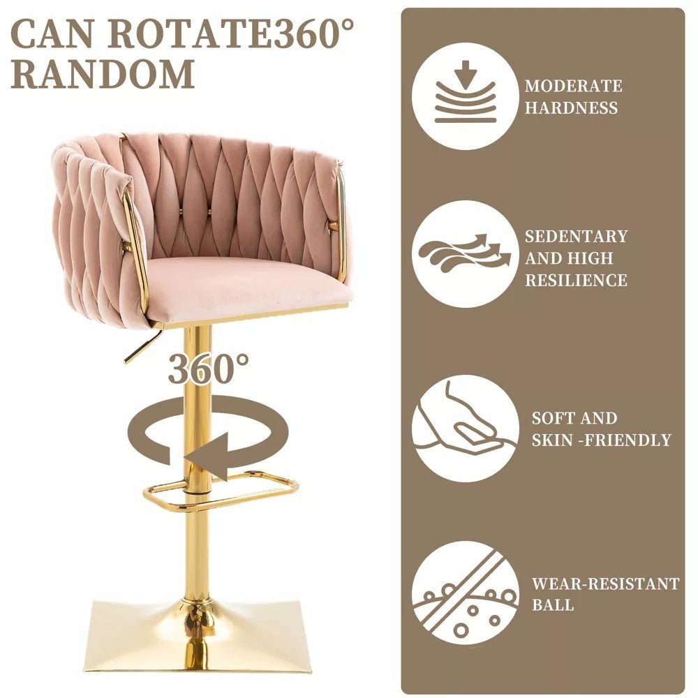 2x Jhapa Velvet Swivel Bar Stools – Adjustable Height, Pink - OZ Home Deals