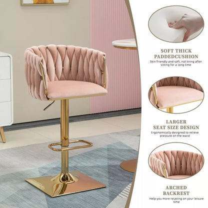 2x Jhapa Velvet Swivel Bar Stools – Adjustable Height, Pink - OZ Home Deals