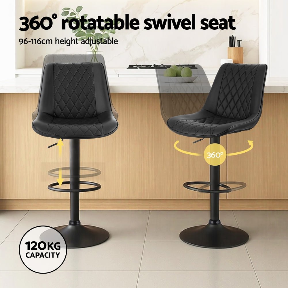 2x Perth PU Leather Bar Stools – Ergonomic Diamond-Style, Black - OZ Home Deals