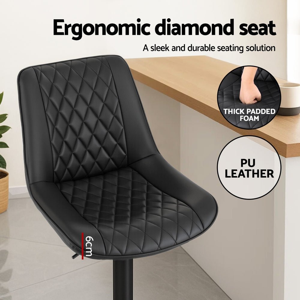 2x Perth PU Leather Bar Stools – Ergonomic Diamond-Style, Black - OZ Home Deals
